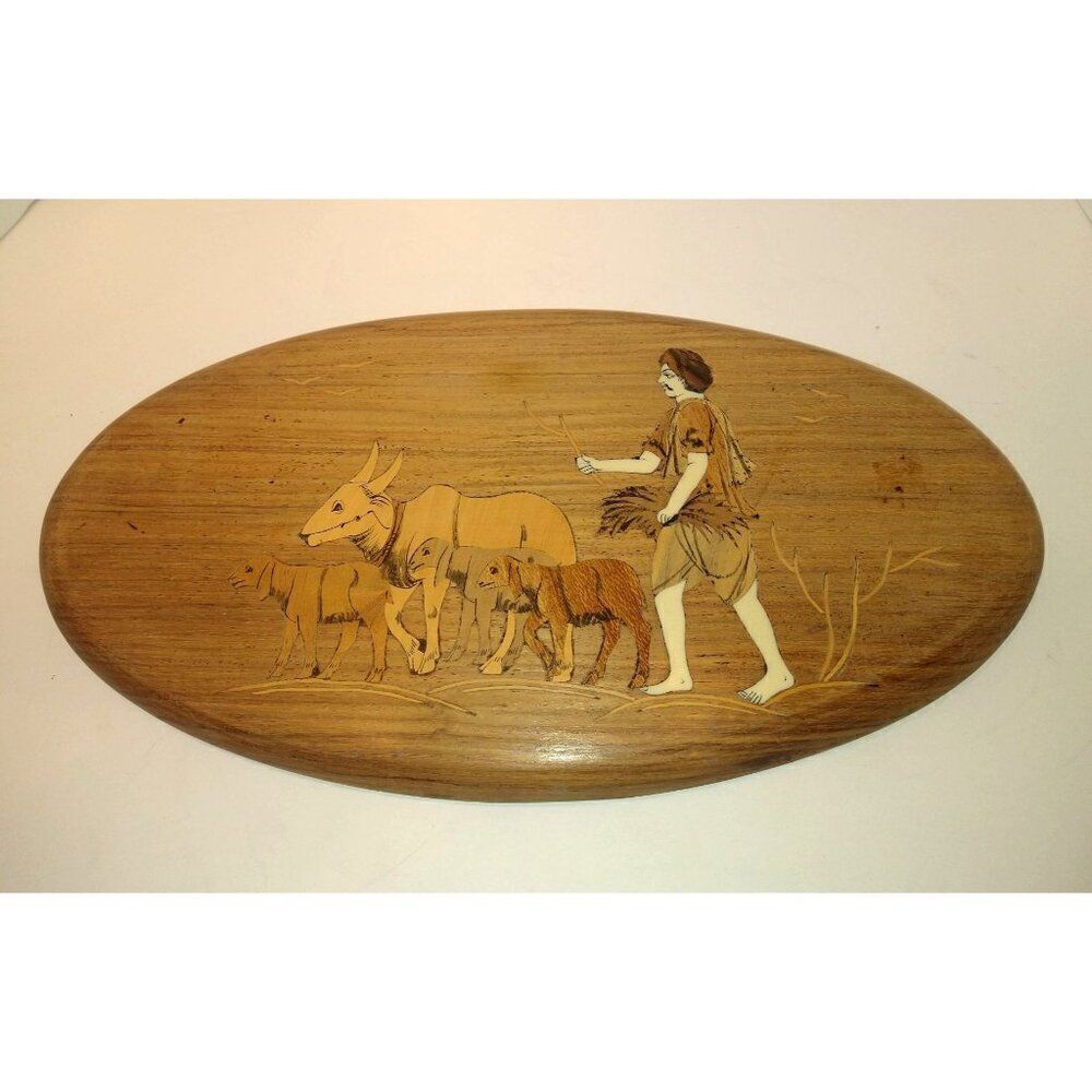 Vintage Inlaid Wood and Bone Wall Art Hanging Shepherd & Animals 16" x 8"